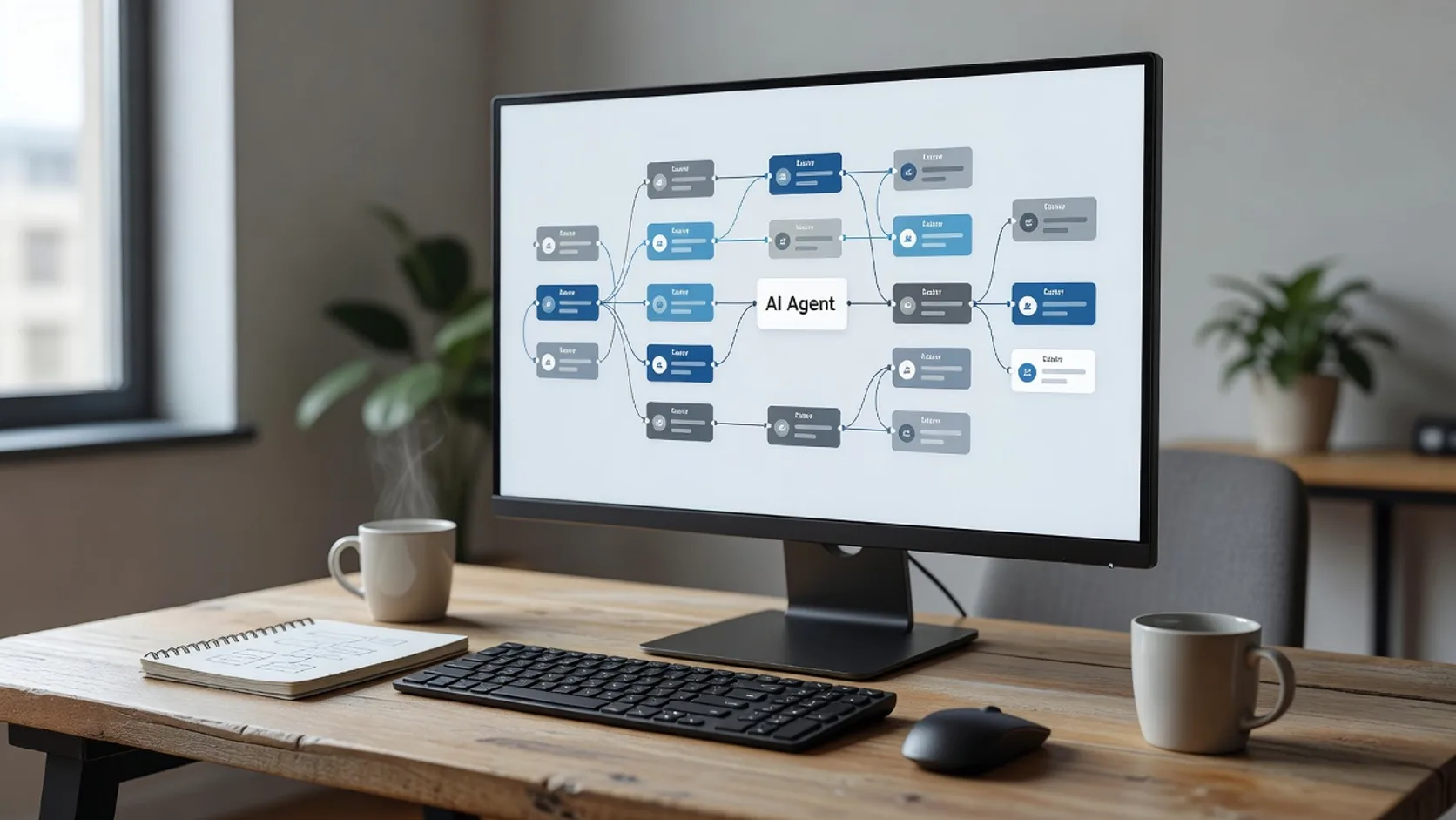 Workflow visual de nodos conectados representando un pipeline de ventas con un agente de IA