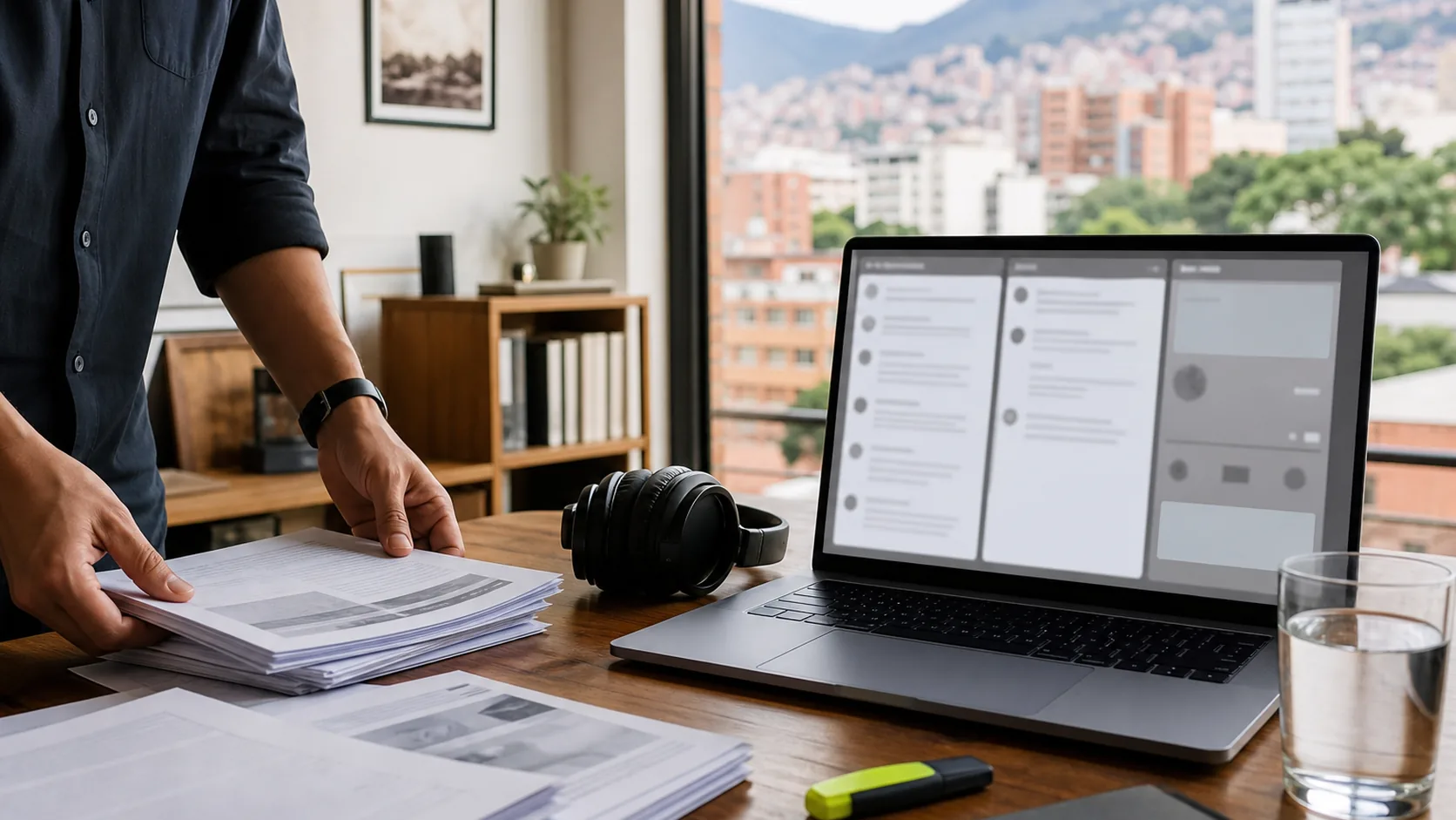 Escritorio de investigación con PDFs impresos, audífonos y una laptop abierta para contrastar fuentes