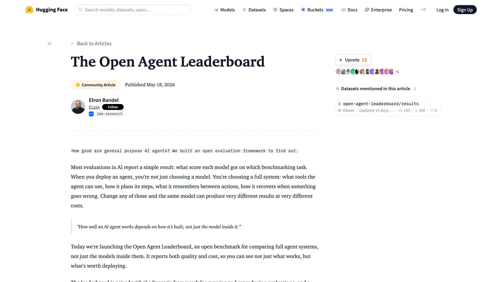 Captura editorial del lanzamiento de Open Agent Leaderboard en Hugging Face con contexto de benchmark para agentes