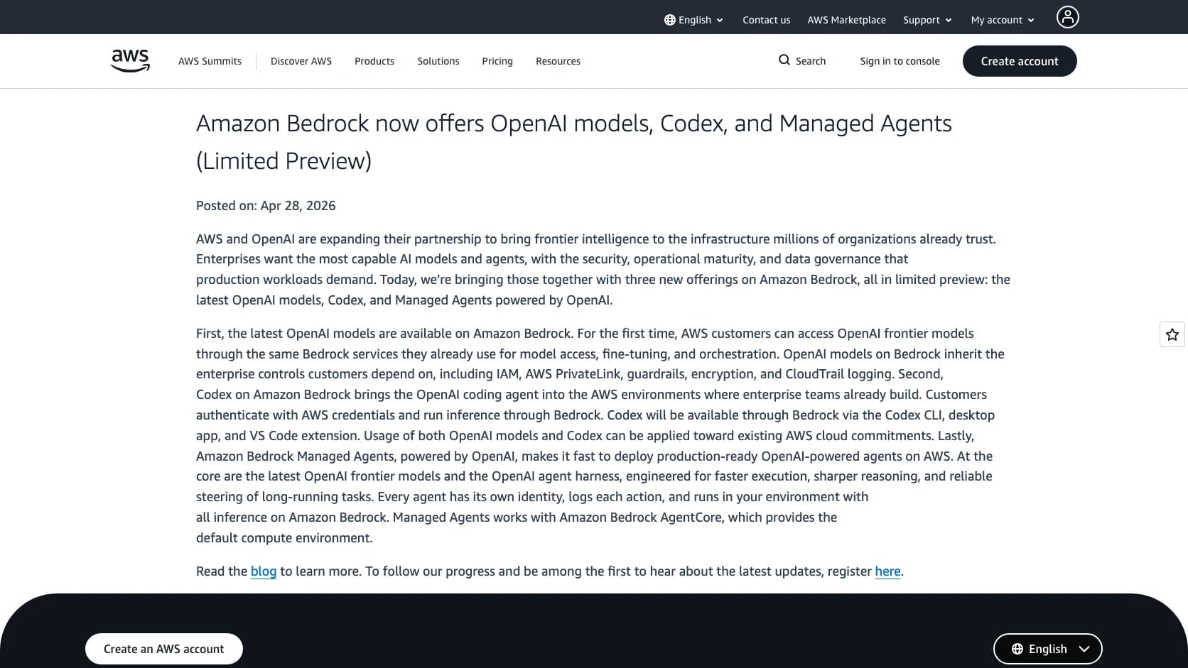 Anuncio oficial sobre OpenAI, Codex y Managed Agents dentro de Amazon Bedrock