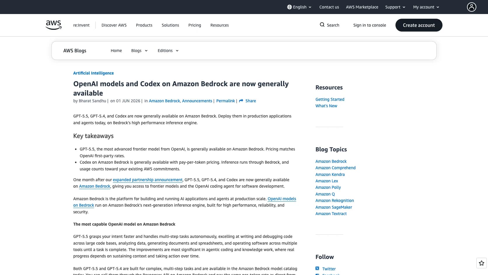 Blog oficial de AWS anunciando la disponibilidad general de OpenAI y Codex en Amazon Bedrock