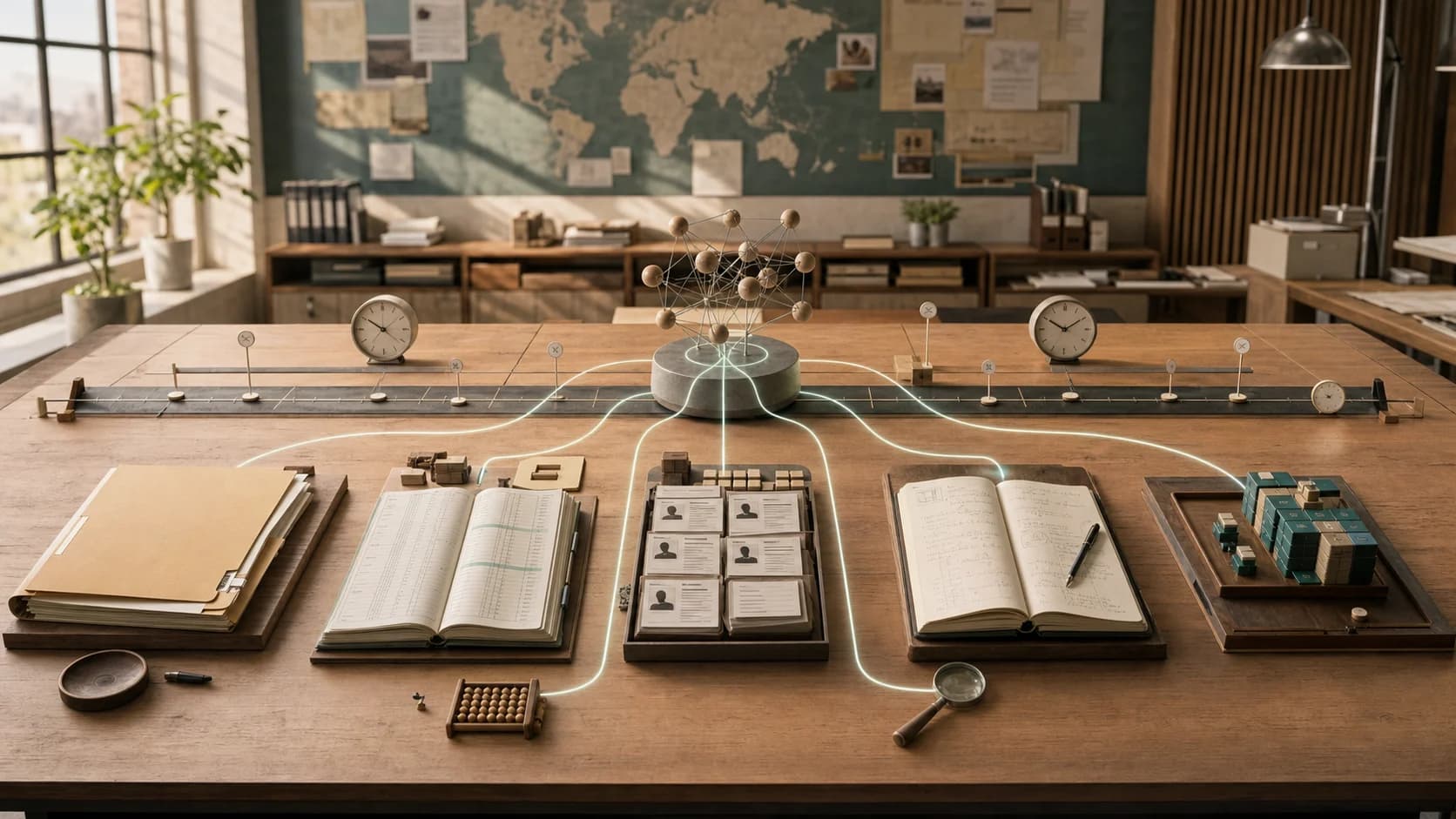 Flujo editorial de Codex conectando tareas de investigación, análisis, operaciones y desarrollo durante varias horas