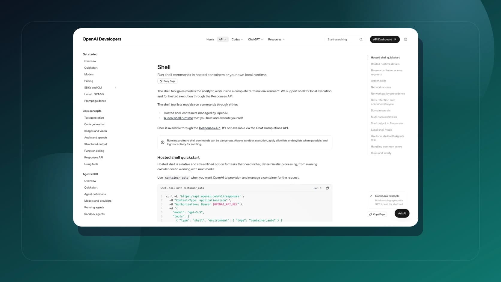 Documentacion oficial del shell tool de OpenAI con el contexto de una Responses API orientada a agentes