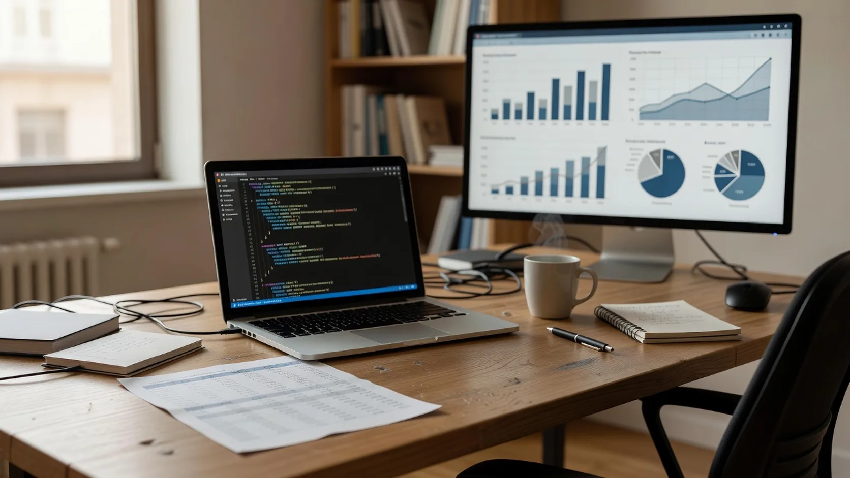 Escritorio de análisis con hoja de cálculo, consulta SQL y gráficos generados