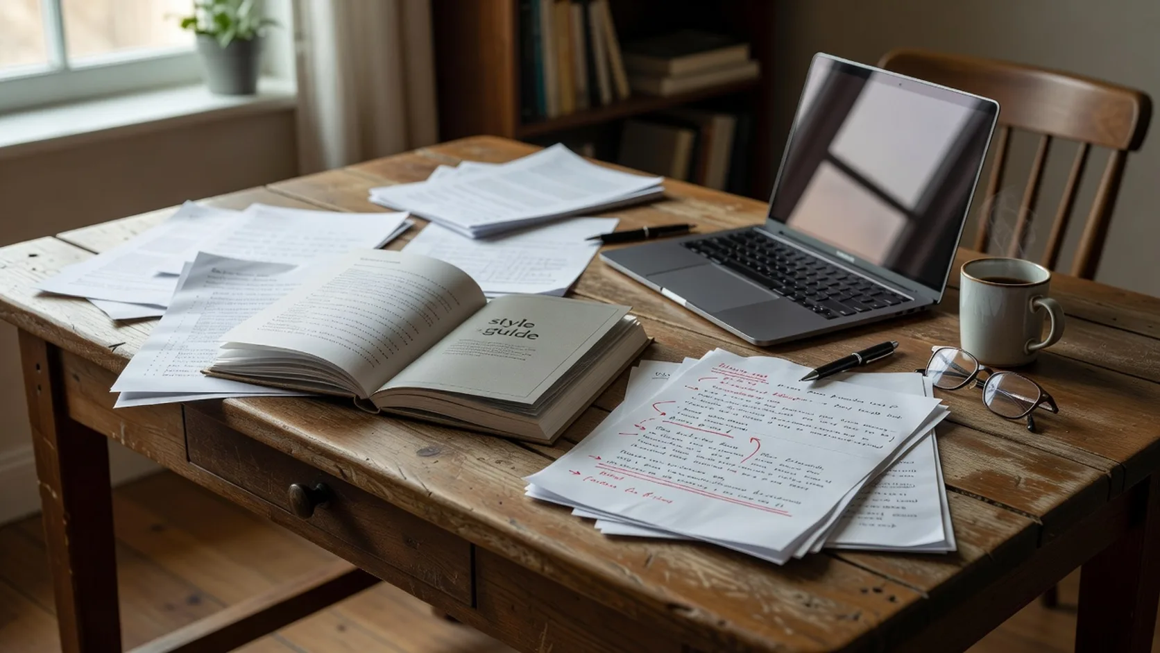 Escritorio de redacción con borradores, guía de estilo y correcciones marcadas a mano