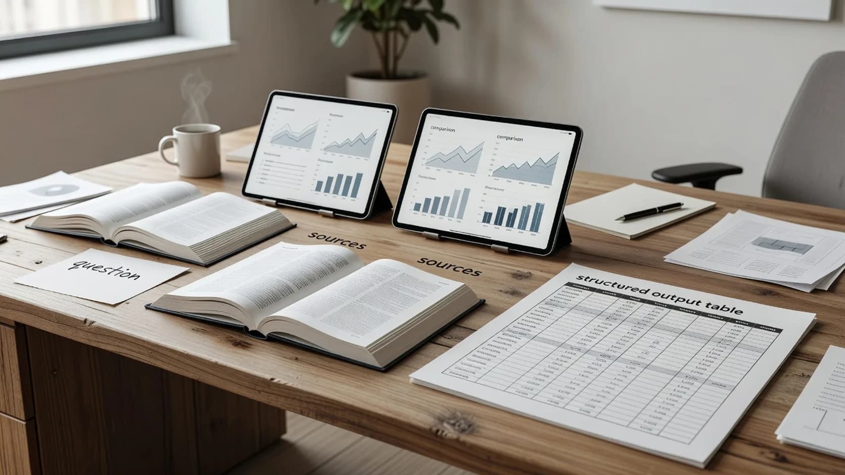 Flujo de investigación: pregunta con alcance, fuentes con URLs, comparación de perspectivas, auditoría y extracción estructurada