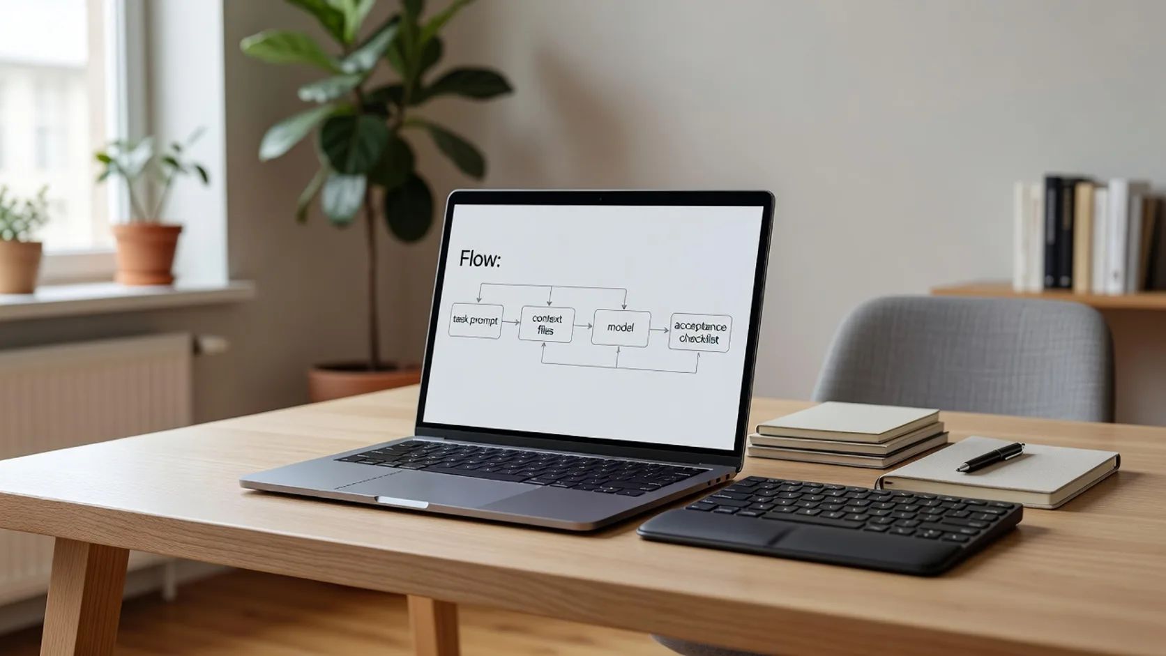 Flujo de un prompt de programación: tarea, contexto, criterios de aceptación, límites y verificación con tests
