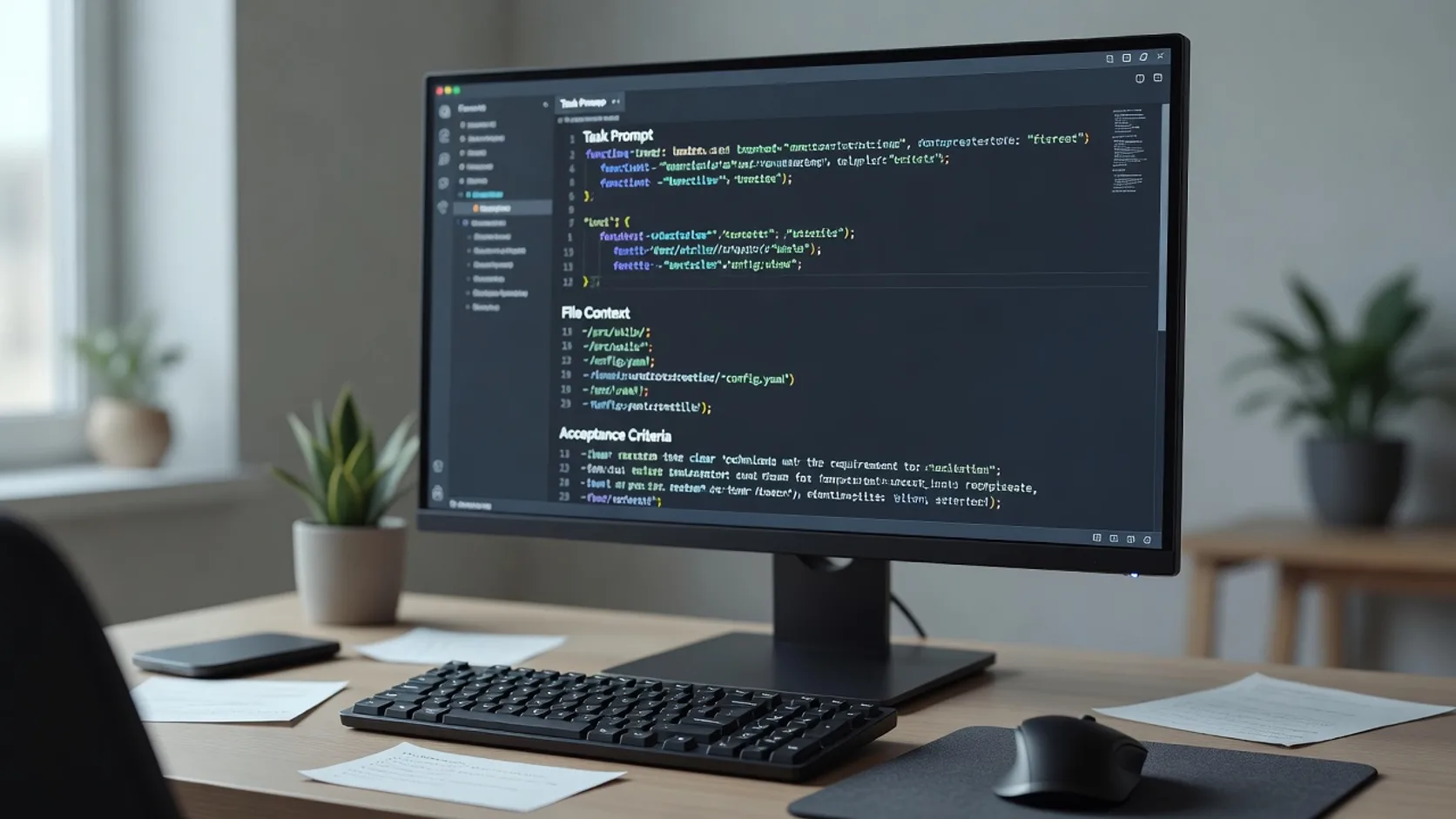 Editor de código con un prompt de tarea, contexto de archivos y criterios de aceptación