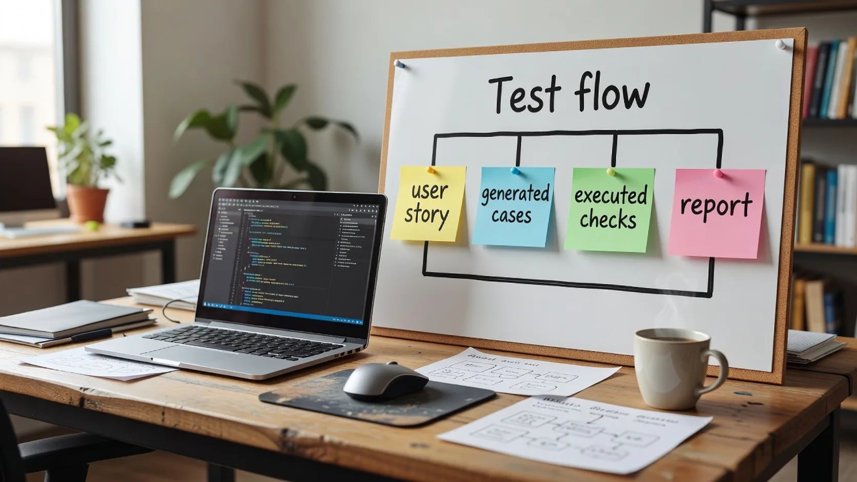 Flujo de QA con agentes: historia de usuario, generación de tests, ejecución en CI, reporte y revisión humana