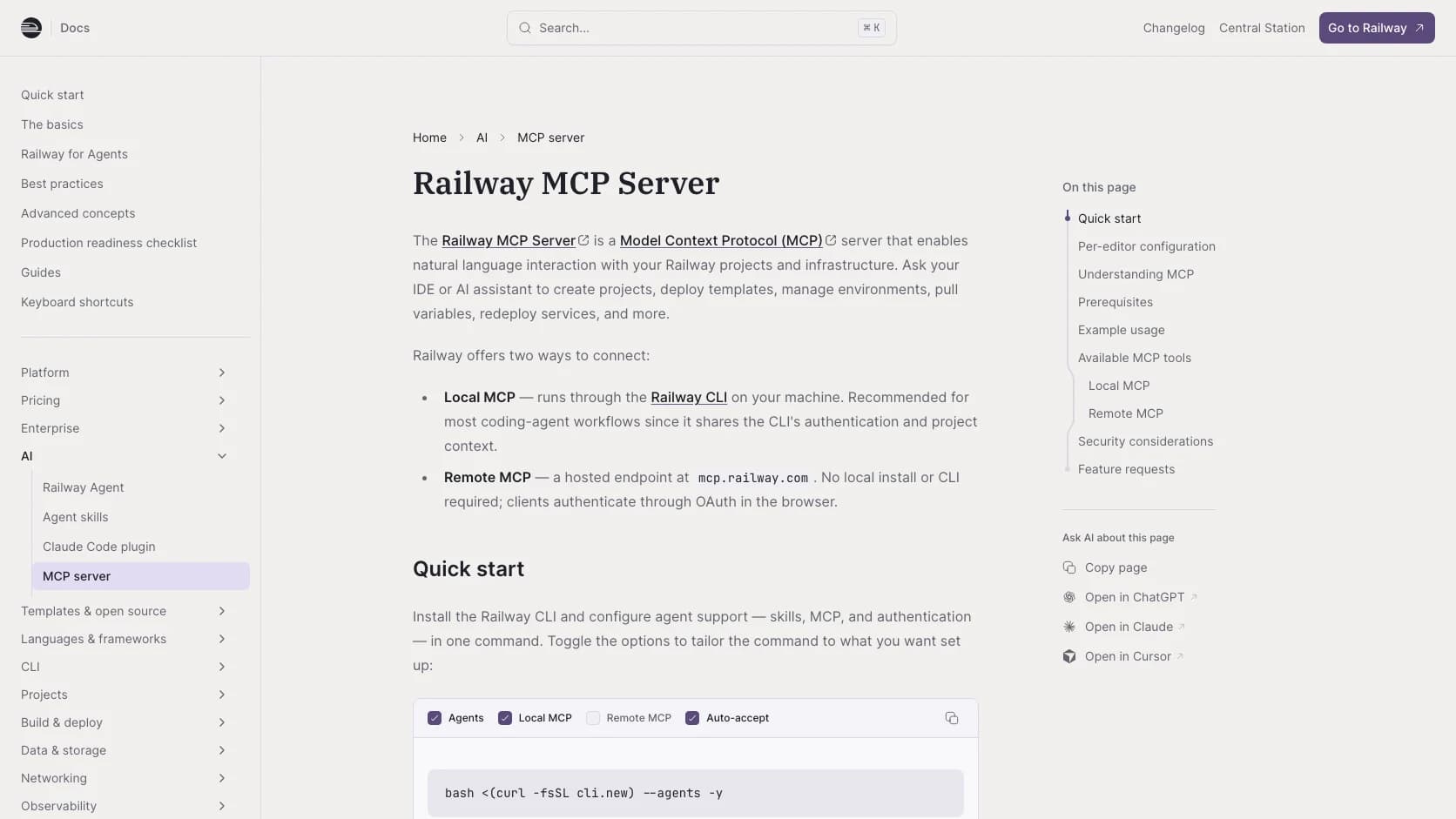 Documentacion oficial de Railway para su remote MCP server orientado a agentes de coding