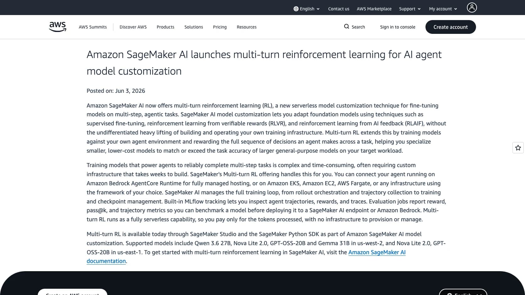 Anuncio oficial de SageMaker AI sobre multi-turn reinforcement learning para agentes