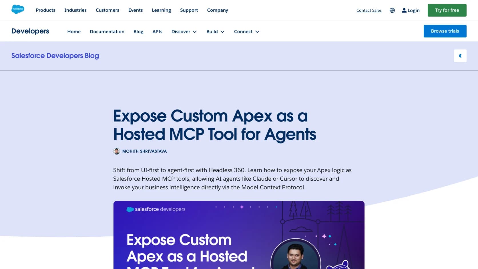 Post oficial de Salesforce sobre Apex como Hosted MCP tool para agentes