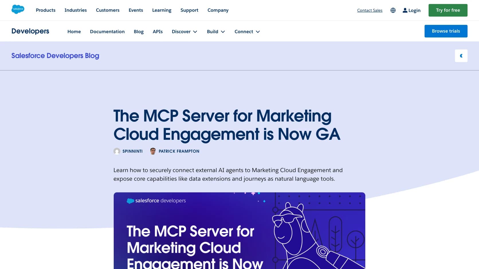 Vista oficial de Salesforce Developers sobre el MCP Server para Marketing Cloud Engagement en disponibilidad general
