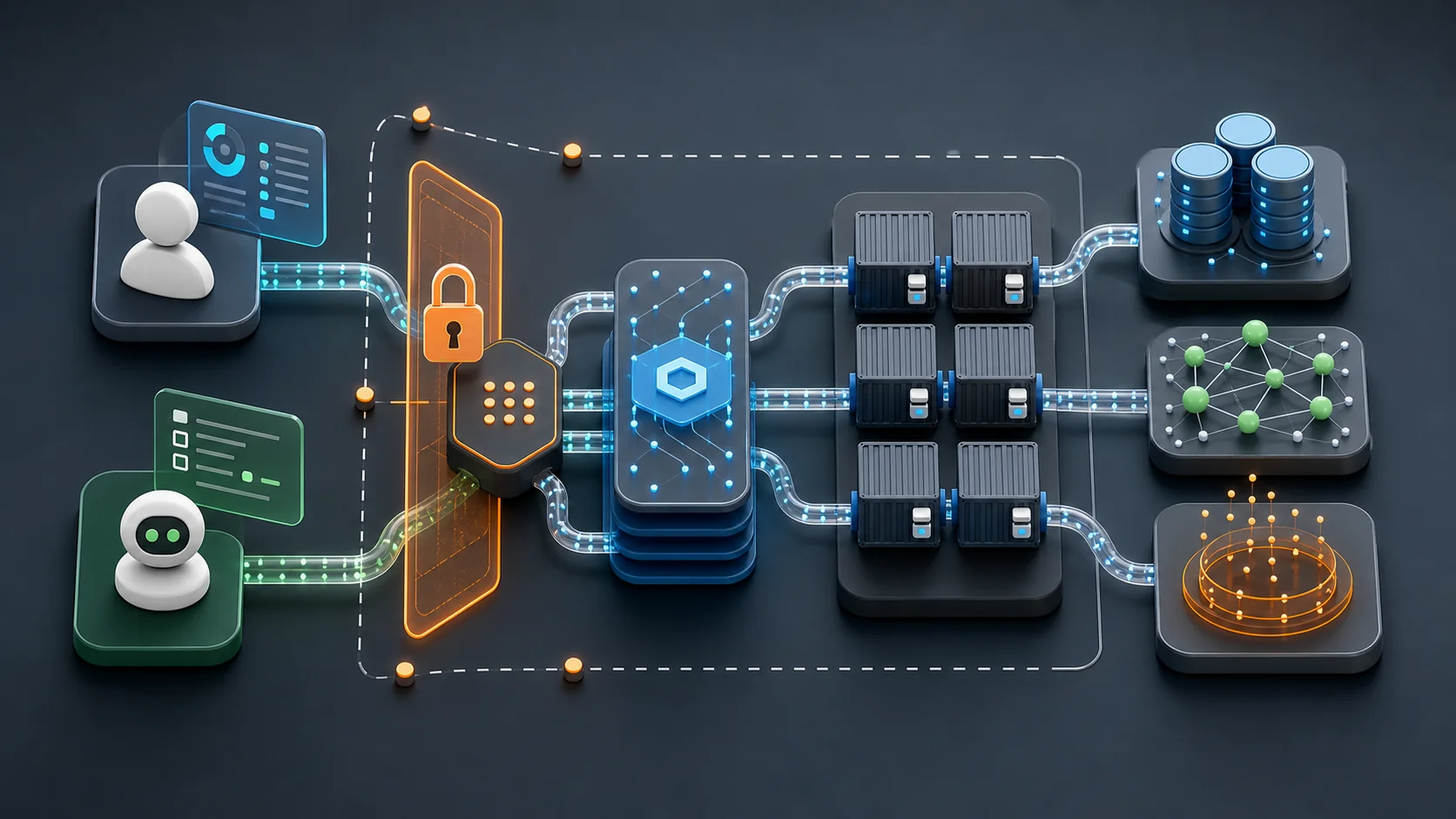 Arquitectura editorial de un MCP remoto con gateway, contenedores, datos y grafo de conocimiento