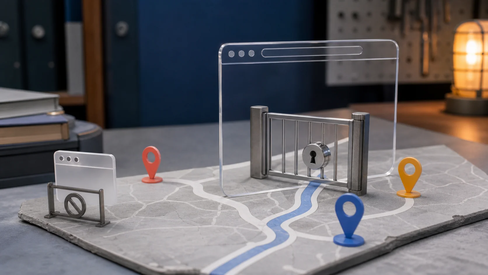 Maqueta editorial de un browser agent pasando por una compuerta de dominios permitidos