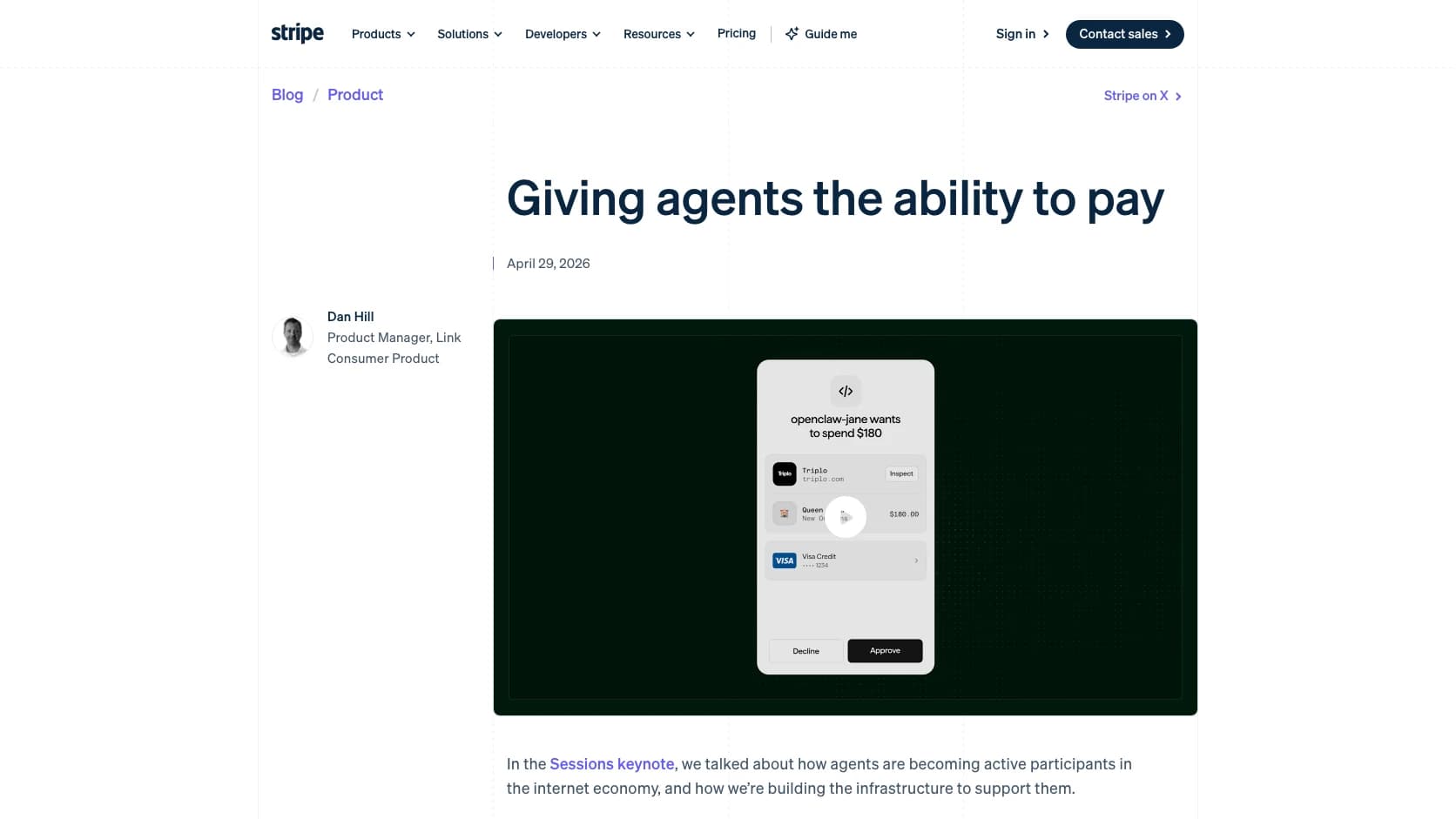 Superficie oficial de Stripe sobre wallet para agentes y pagos aprobados por el usuario