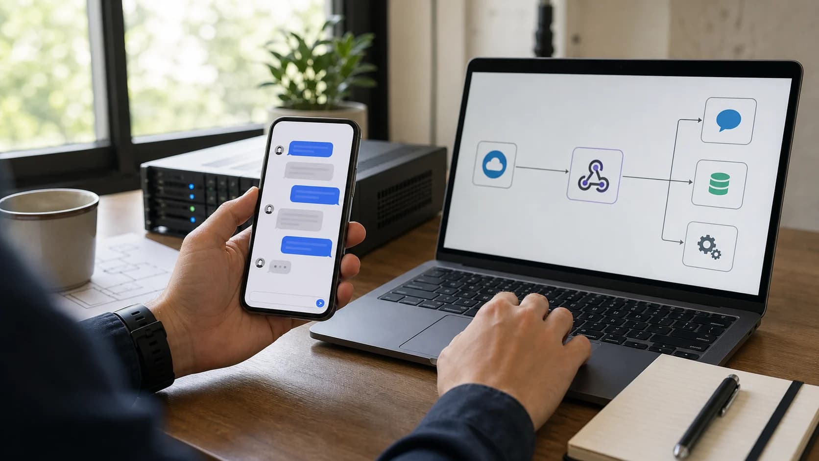 Telefono con burbujas de chat abstractas y flujo de webhook para agentes