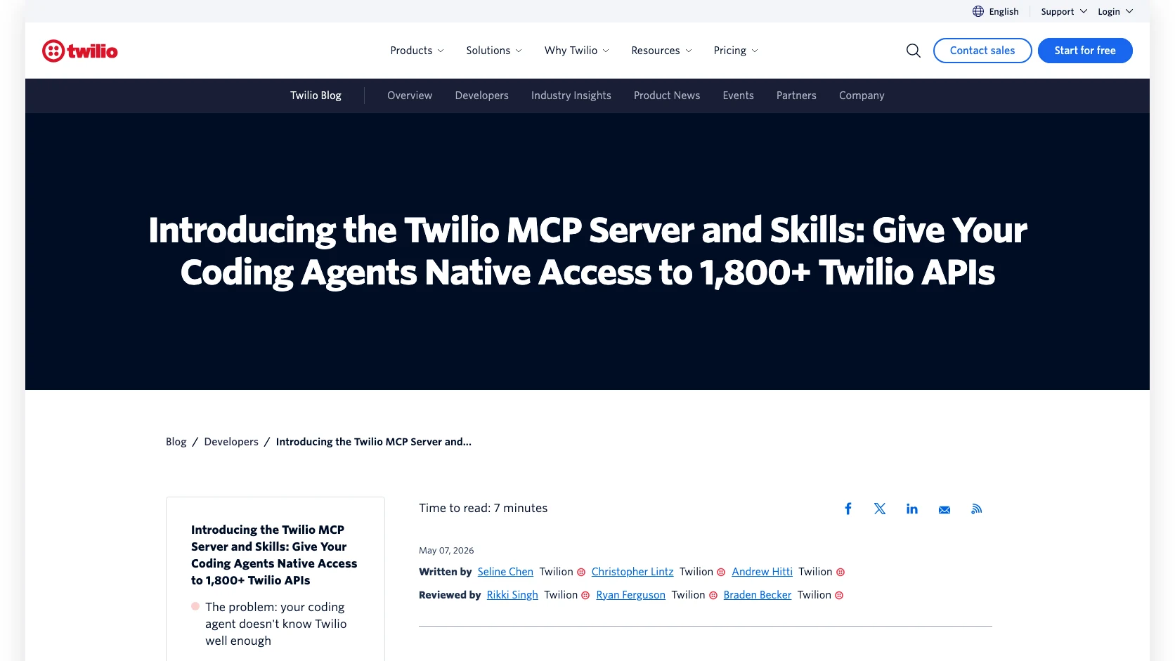 Anuncio oficial de Twilio MCP Server y Skills con foco en APIs, mensajeria y voz para agentes de coding