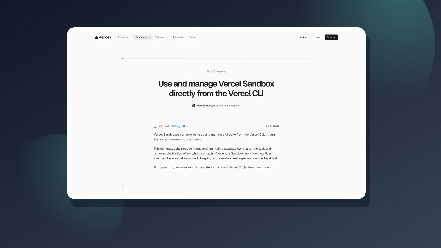 Changelog oficial de Vercel sobre el uso de Sandbox desde el CLI