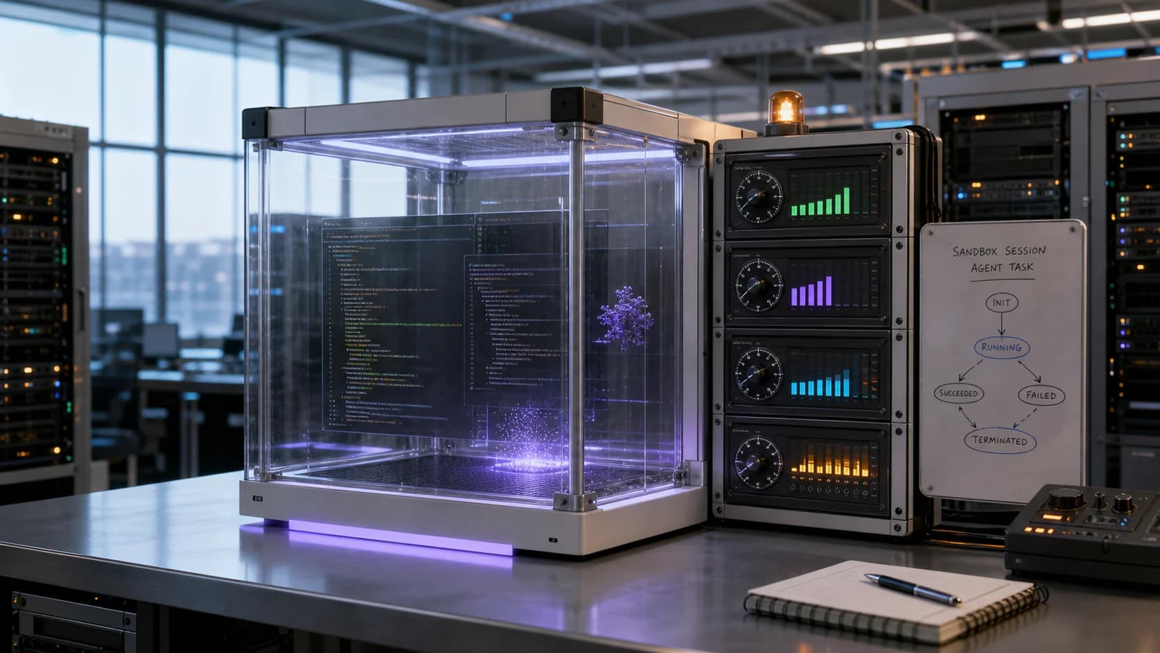 Sandbox aislado de Vercel con métricas de CPU, memoria, red y sesiones para un agente de coding
