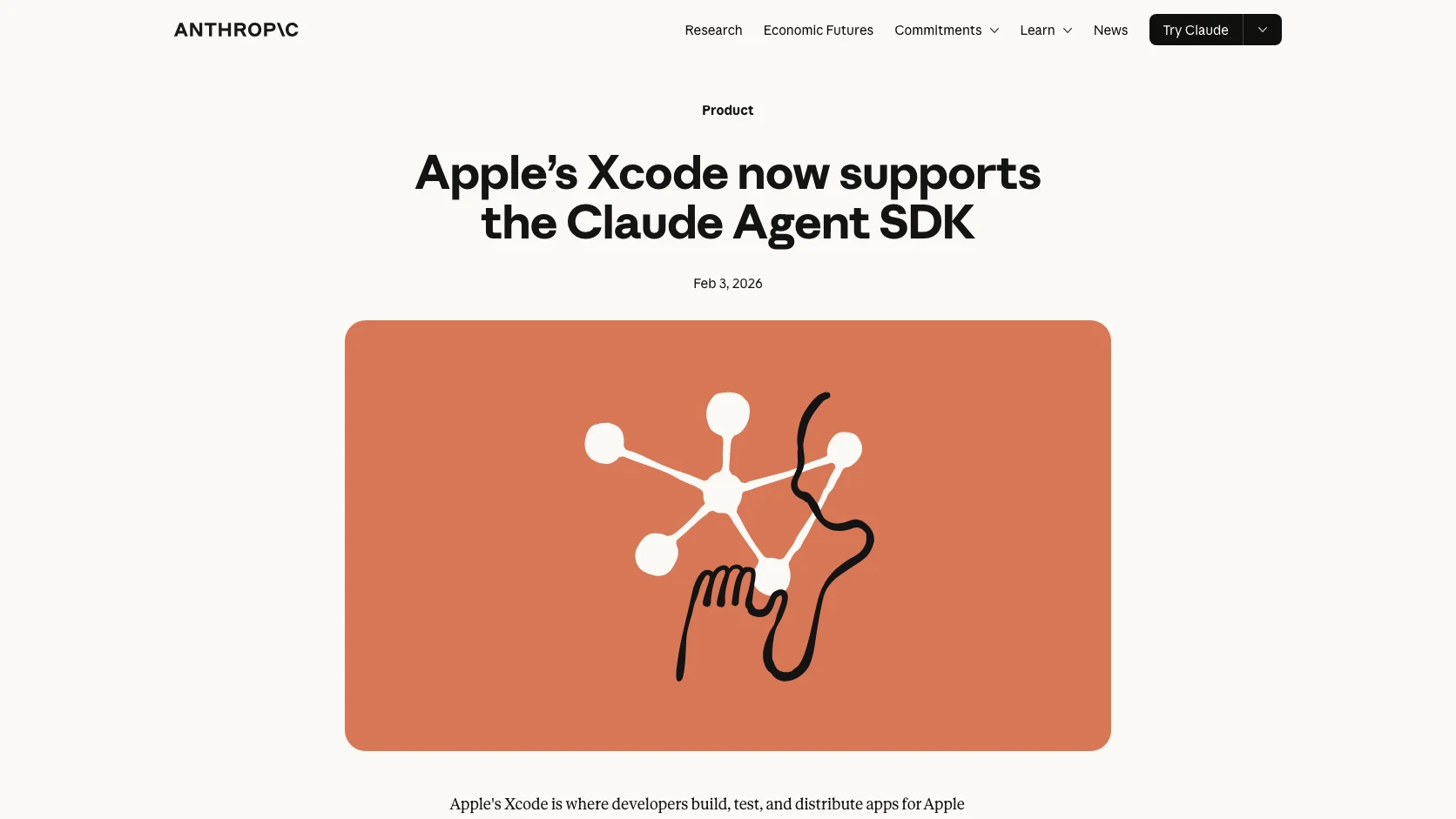 Anuncio oficial de Anthropic sobre Xcode 26.3 con Claude Agent SDK integrado