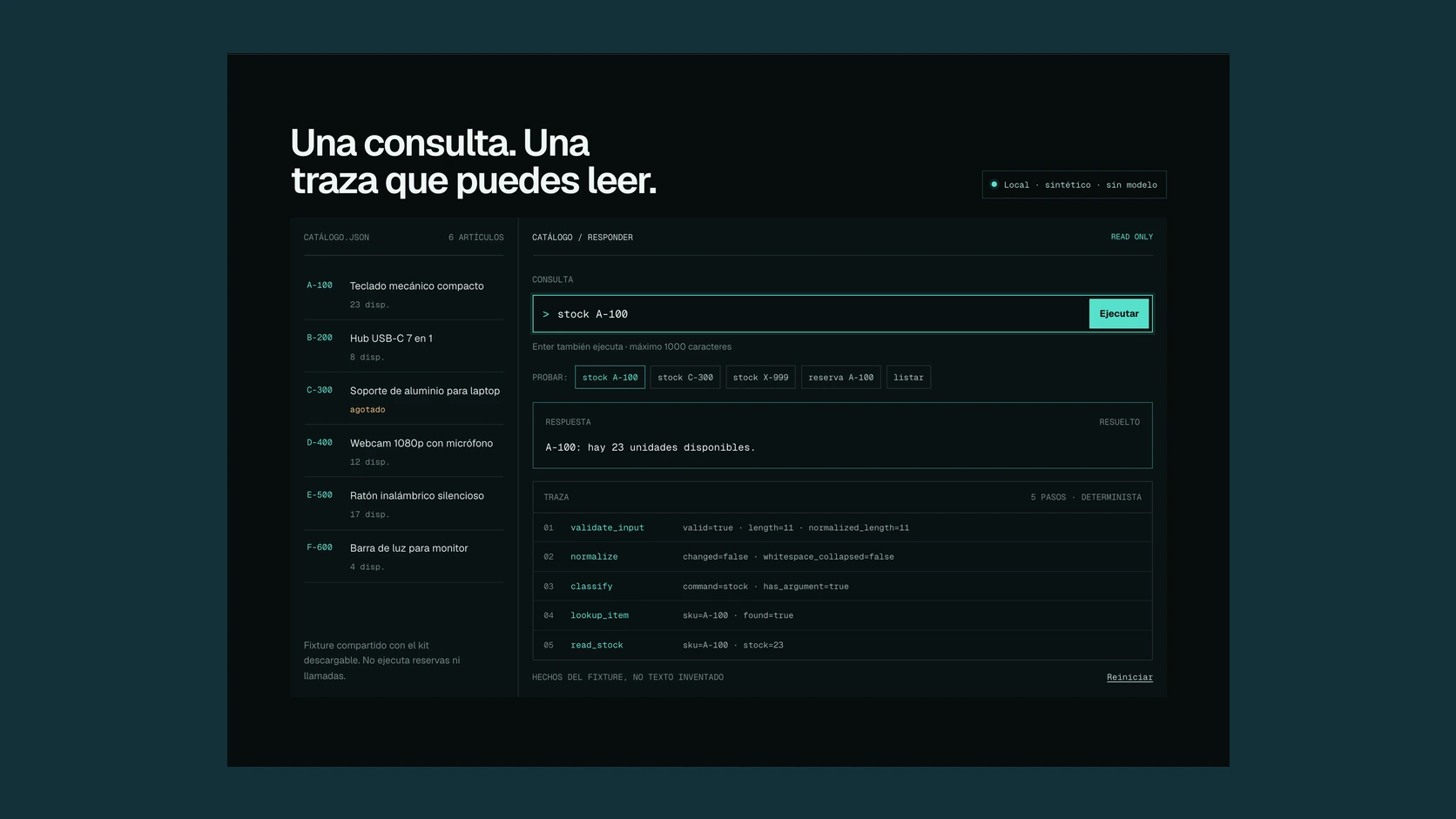 Captura de un bot de catálogo consultando productos ficticios y mostrando su traza