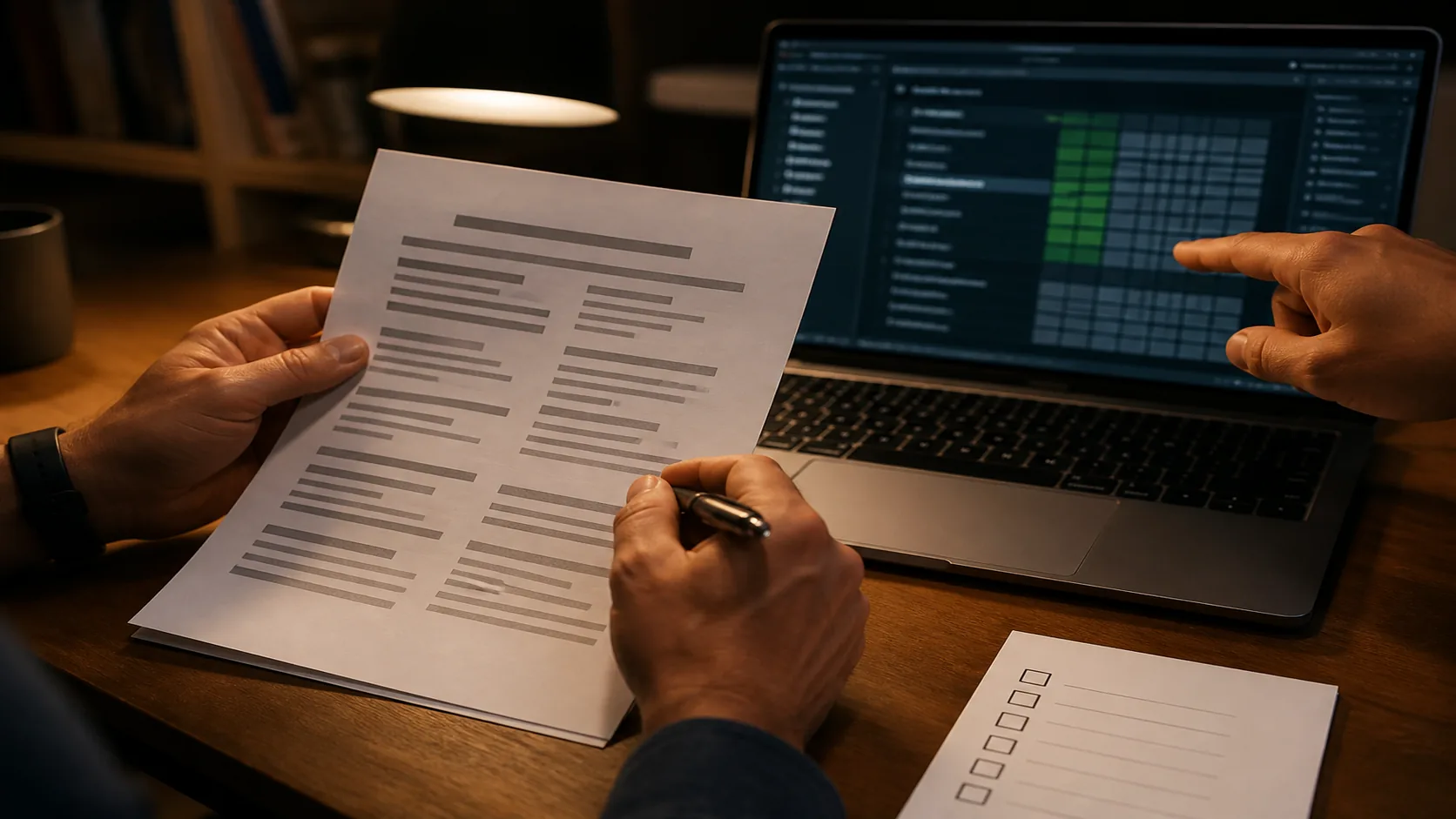 Mesa de verificación: diff impreso, checklist y una terminal con tests al lado del editor
