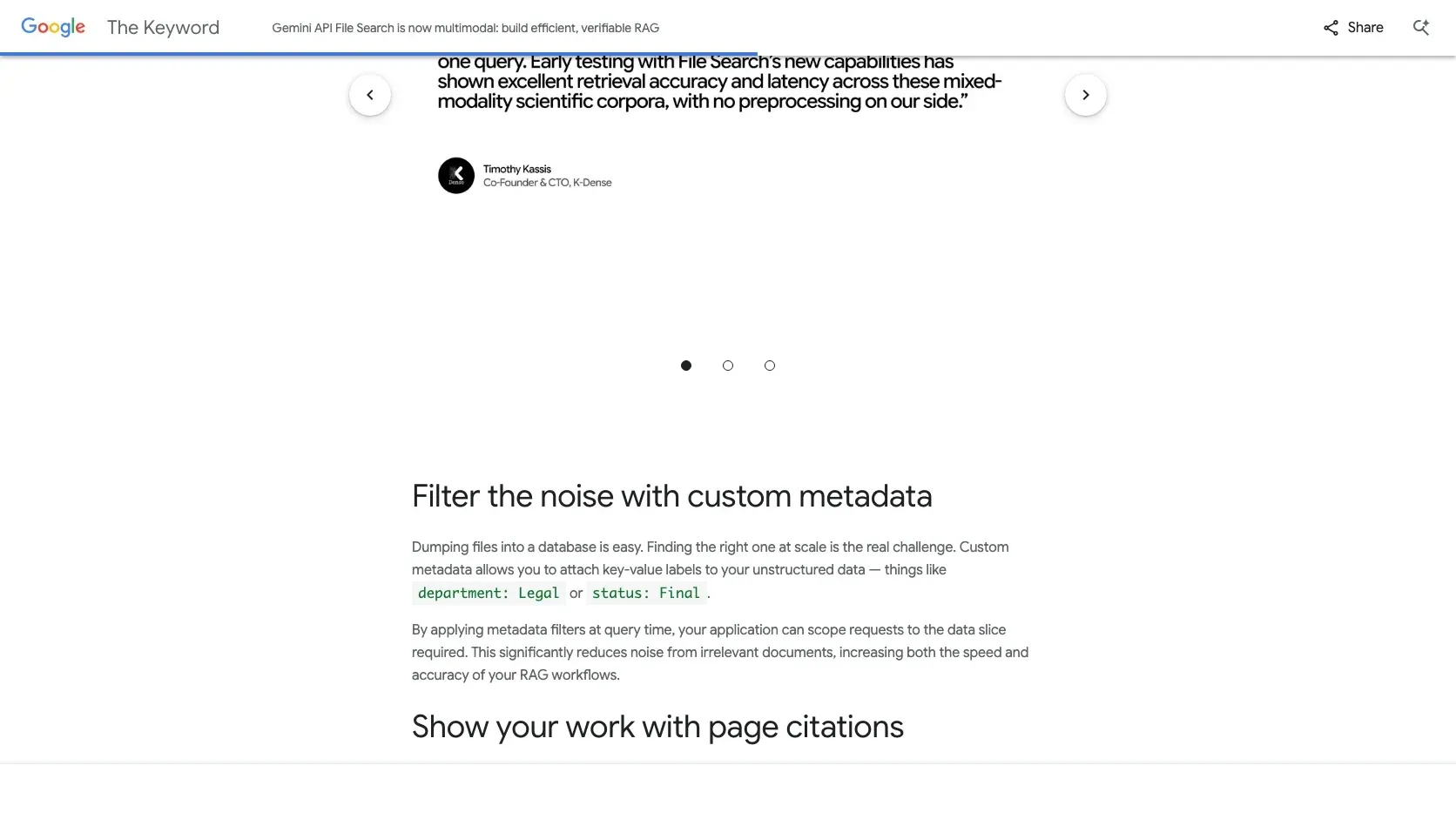 Seccion oficial de Google sobre metadata personalizada y citas por pagina