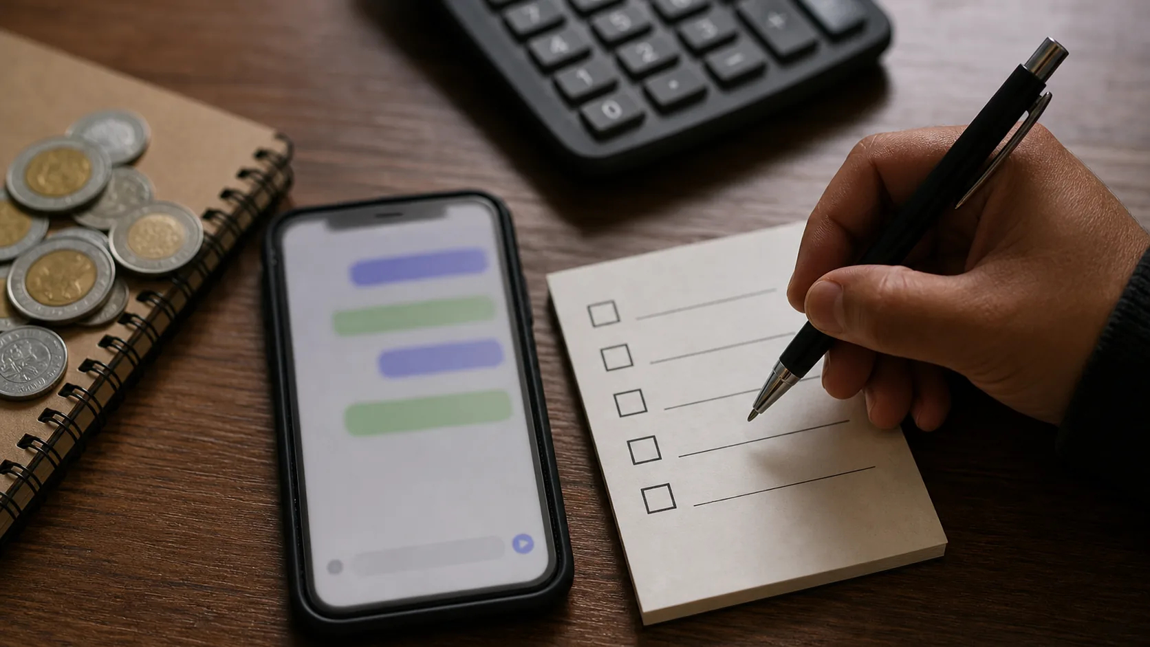 Checklist de revisión sobre un escritorio: fechas, precios y un teléfono listo para enviar el mensaje