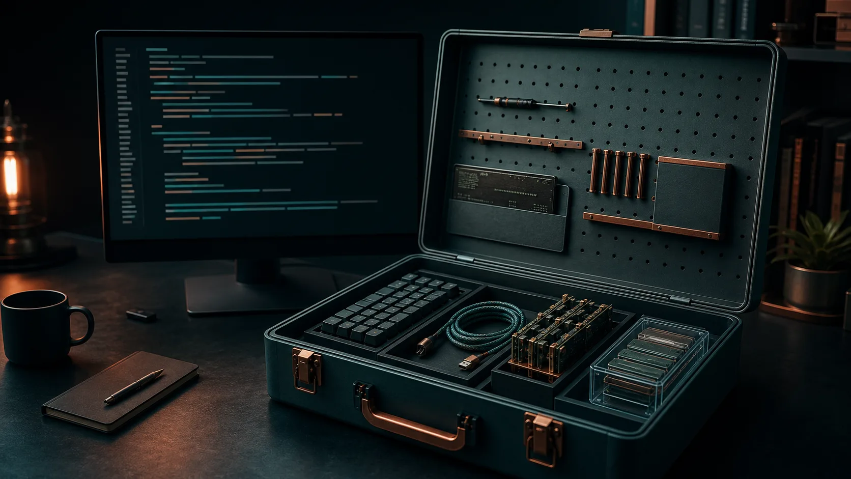 Maletín editorial que representa el harness abierto de Grok Build con herramientas, plugins y un terminal de agente