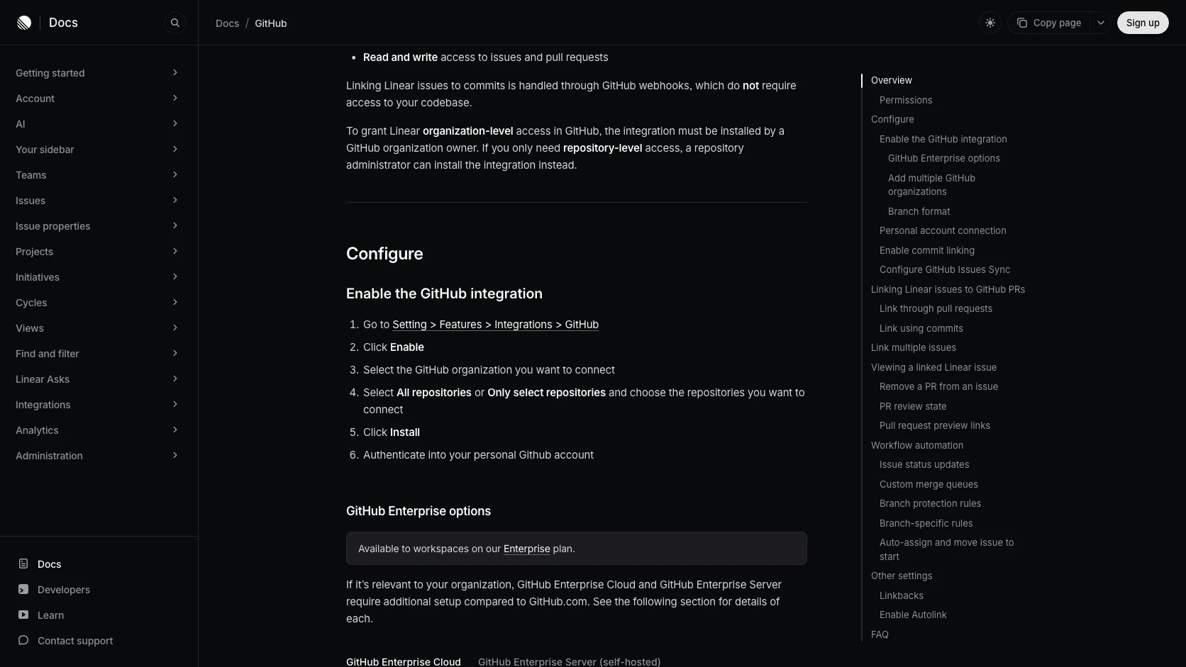 Vista editorial con configuración de repos, permisos de GitHub y acceso acotado para Code Intelligence