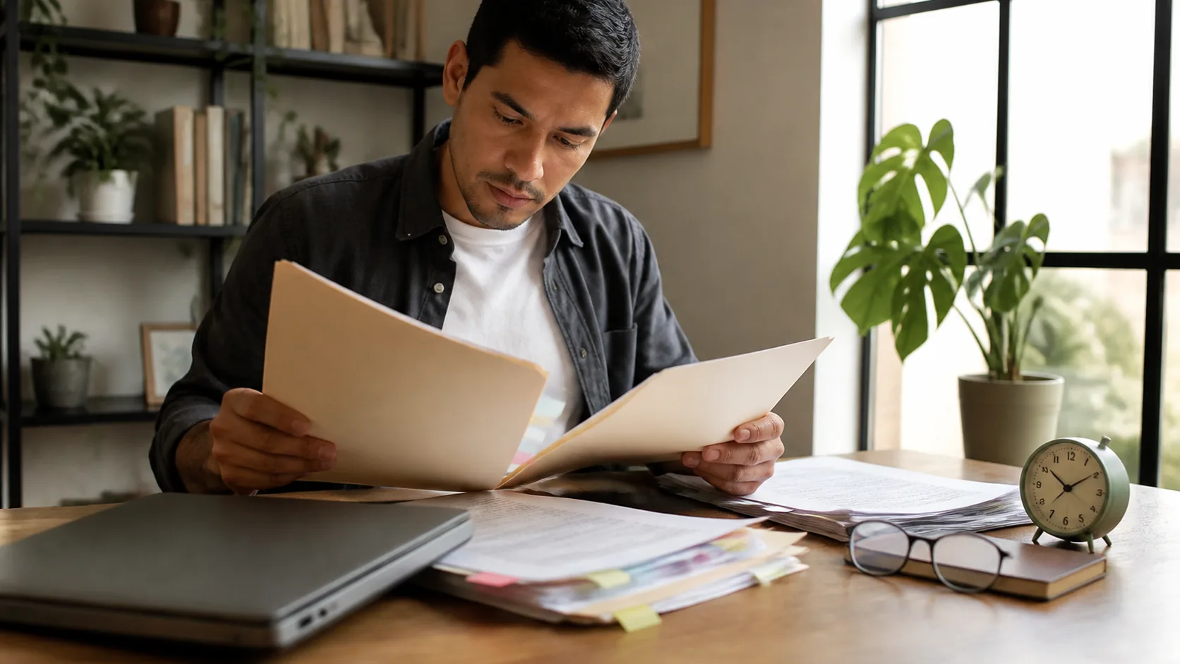 Mesa de trabajo con PDFs, un cuaderno y una laptop para organizar fuentes antes de preguntar