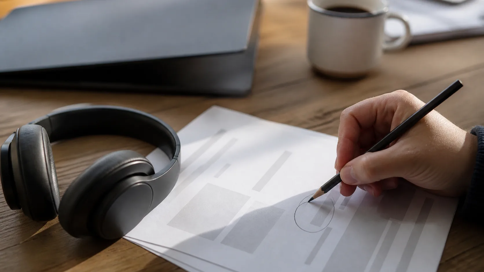 Audífonos, un PDF impreso y un cuaderno para contrastar lo que dice el audio con la cláusula original