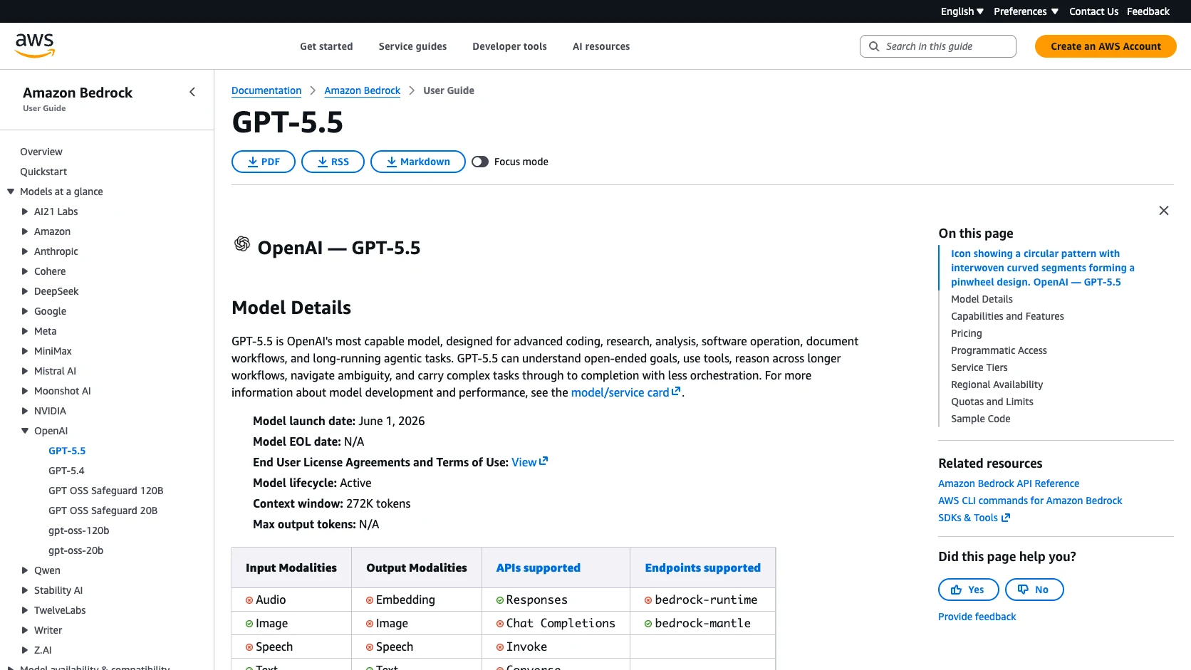 Model card oficial de GPT-5.5 en Bedrock con capacidades, endpoint soportado y acceso programático