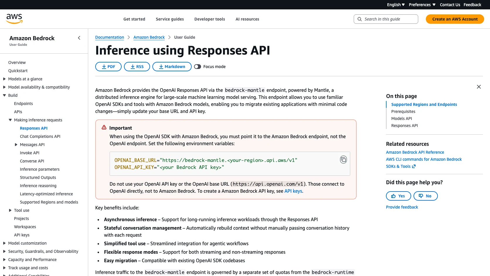 Documentación oficial de Bedrock mostrando Responses API, regiones y endpoint bedrock-mantle para OpenAI