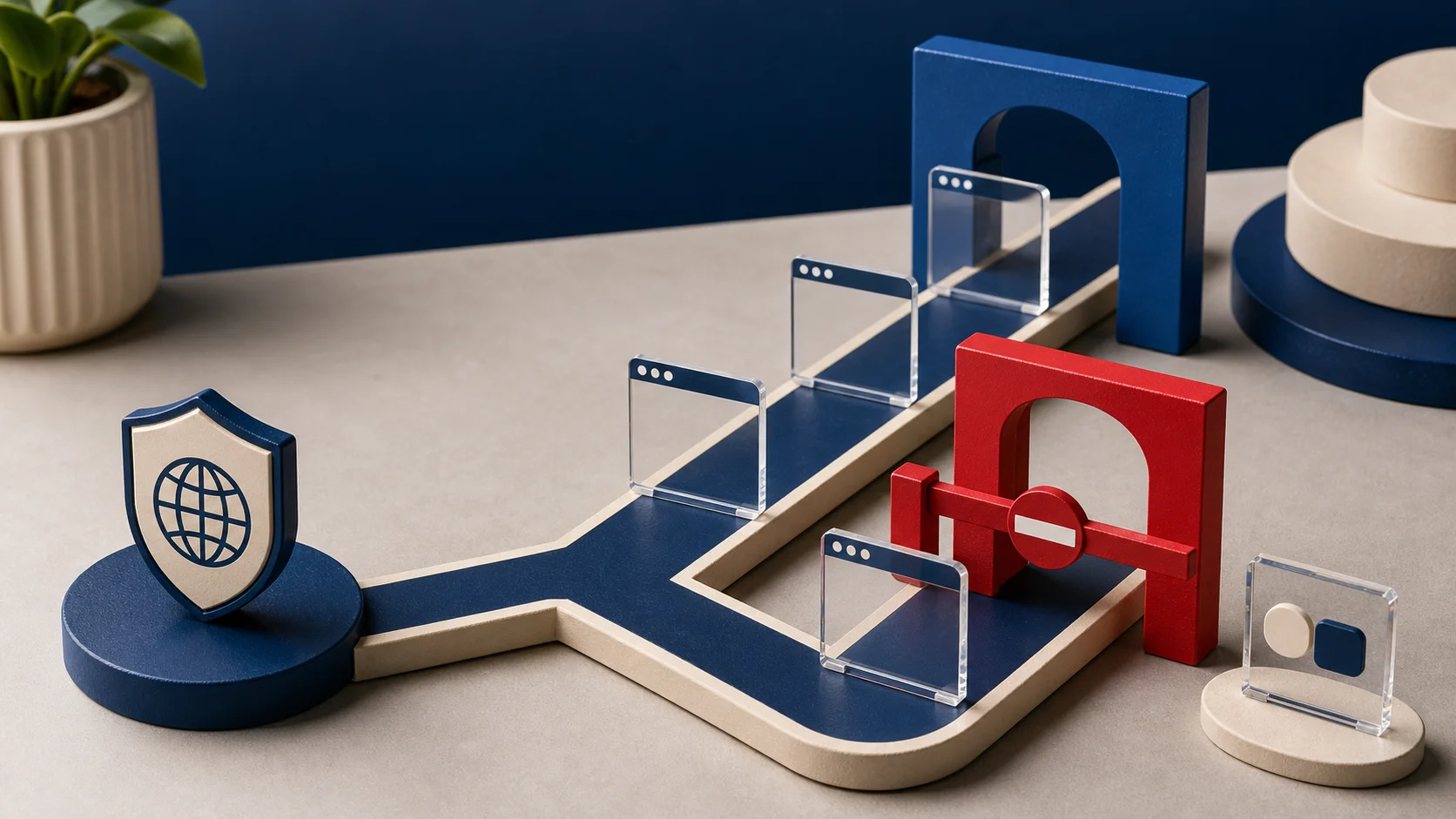 Maqueta editorial de una política de navegación con rutas aprobadas y un dominio bloqueado