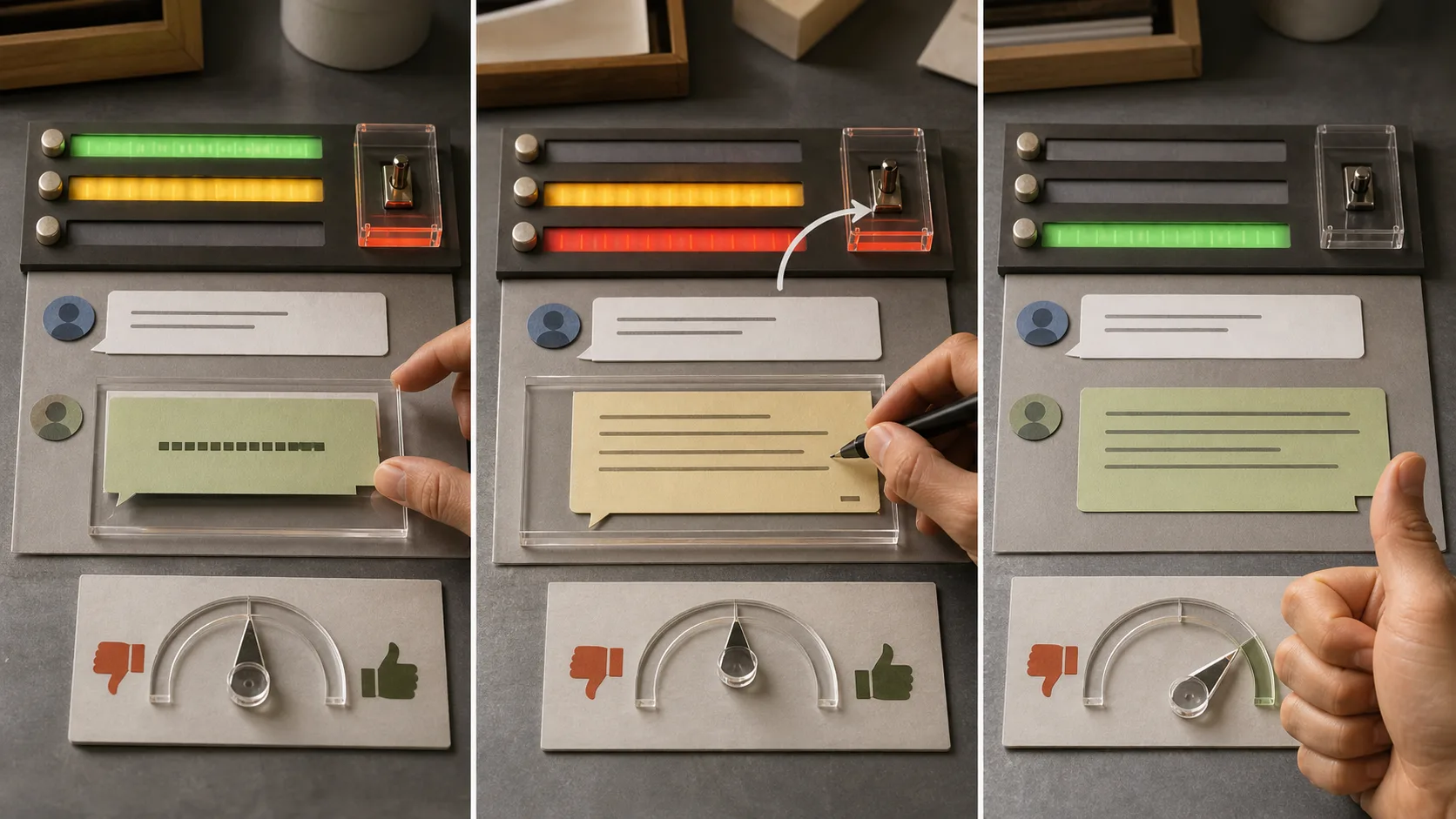 Una mesa de control muestra streaming, fallback de post-and-edit y feedback humano como un ciclo de calidad