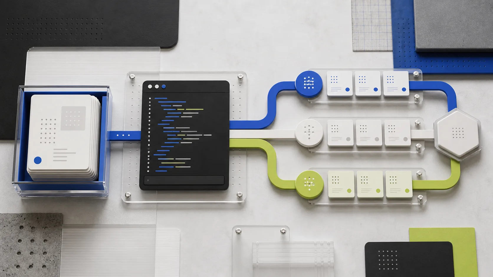 Un terminal de coding agent se conecta con una biblioteca de skills y una superficie de código antes de preparar un despliegue