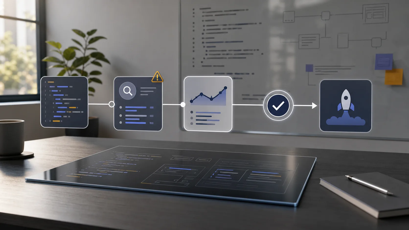 Banco editorial de verificación donde un coding agent pasa por revisión, pruebas y un punto de despliegue antes de entregar cambios